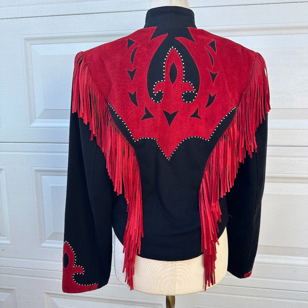 Vtg Western Suede Jacket Coat Tassels Fringe Red Black Corduroy Diamonds Leather - Picture 12 of 15